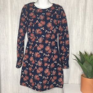 Navy & Burgundy Floral Print Dress